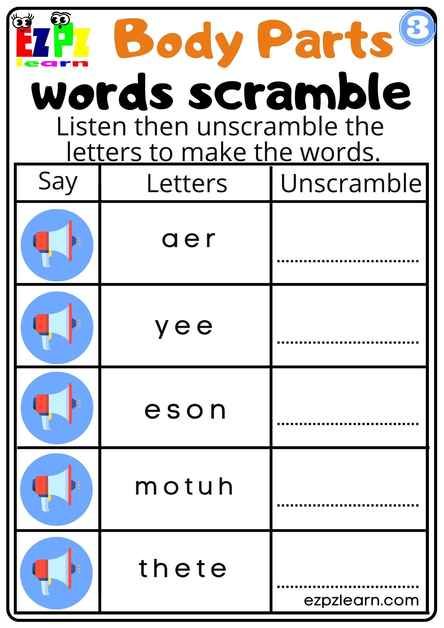Interactive Worksheet for Body Parts Listen, Unscramble and Write the